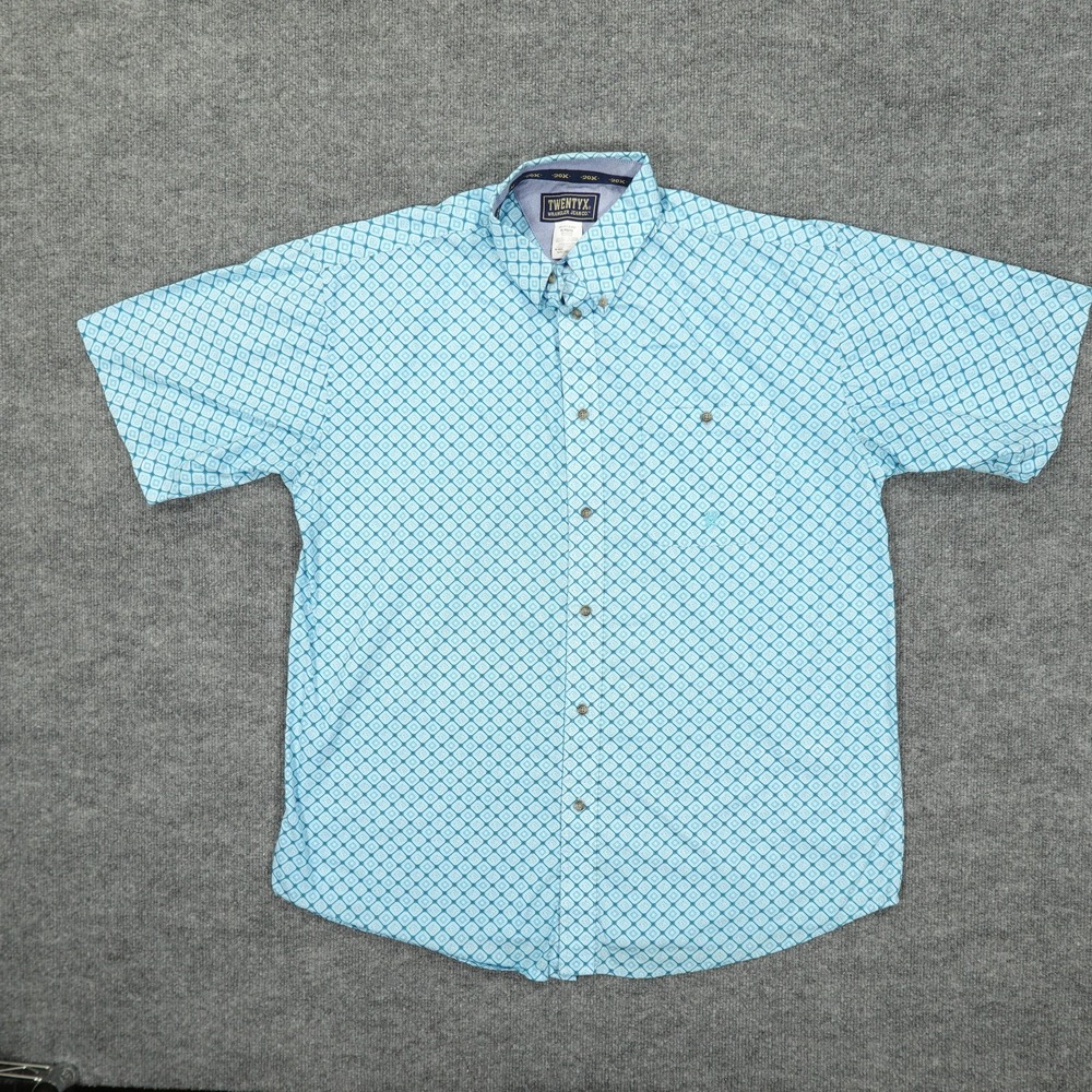 Wrangler 20X Shirt Mens XL Blue Geometric Print Short Sleeve Button Down MJ4139M